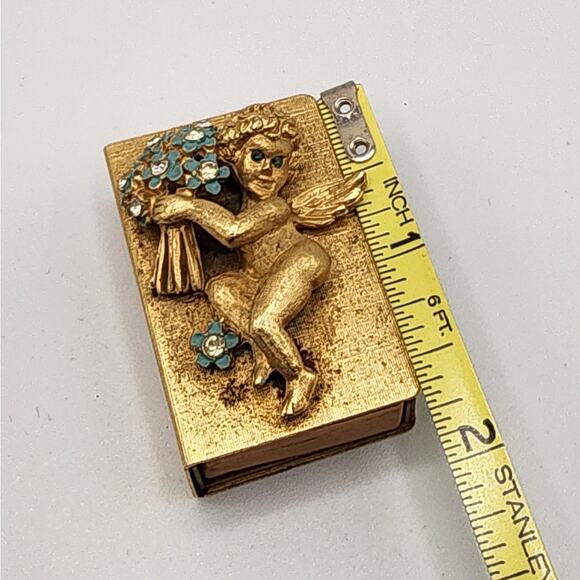 1930s Cherub Matchbox Holder Gold Gilt Blue Enamel Flowers Rhinestone Eyes - Picture 3 of 9